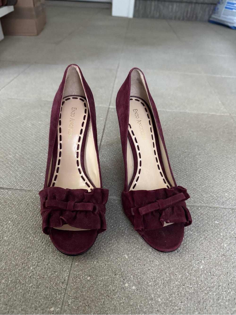 Enzo Angiolini Burgundy Suede Peep-Toe Pumps with Ruffle Accent